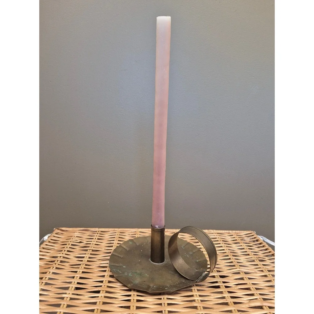 Vintage Large Brass Chamberstick Candle Holder Loop Handle Patina Taper 10.5